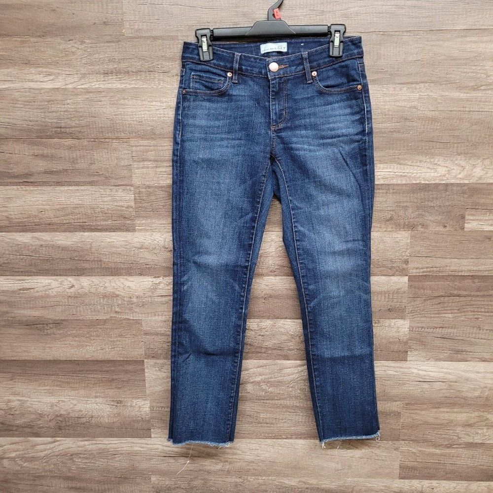 LOFT Curvy Straight Frayed Raw Hem Ankle Jeans Size 25‎ Womens Blue Medium Wash - Picture 2 of 13